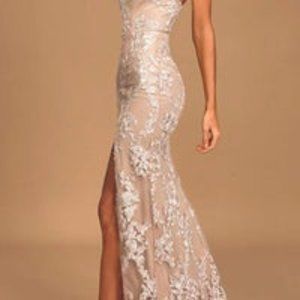 Dazzled Up Champagne Embroidered Backless Maxi Dress
